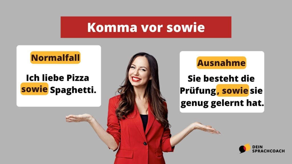 Grafik zum Thema „Komma vor sowie“. In der Mitte eine lächelnde Frau im roten Blazer mit ausgestreckten Händen. Links ein Kasten mit der Überschrift „Normalfall“ und dem Beispiel „Ich liebe Pizza sowie Spaghetti.“ Rechts ein Kasten mit der Überschrift „Ausnahme“ und dem Beispiel „Sie besteht die Prüfung, sowie sie genug gelernt hat.“ Unten rechts das Logo „Dein Sprachcoach“.